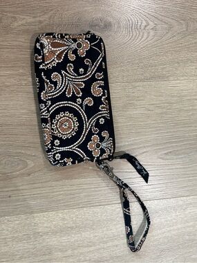 Vera Bradley Black Paisley Quilted Wristlet with Brown Accents
